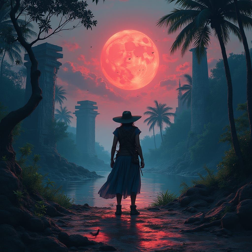 Aztec Adventurer in Jungle Ruins: Gothic Horror Landscape