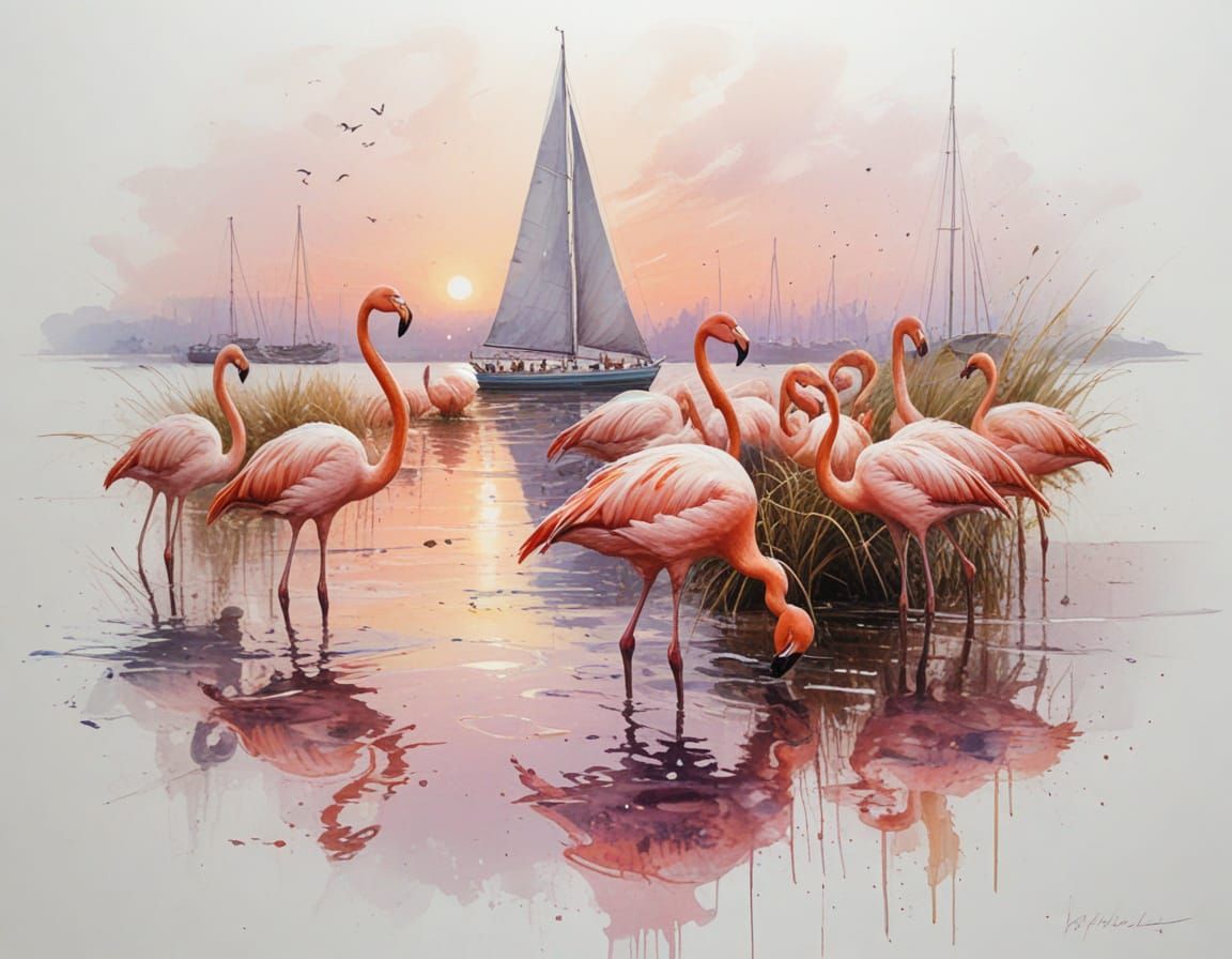 Twilight Marsh Scene with Flamingos and Sailboat