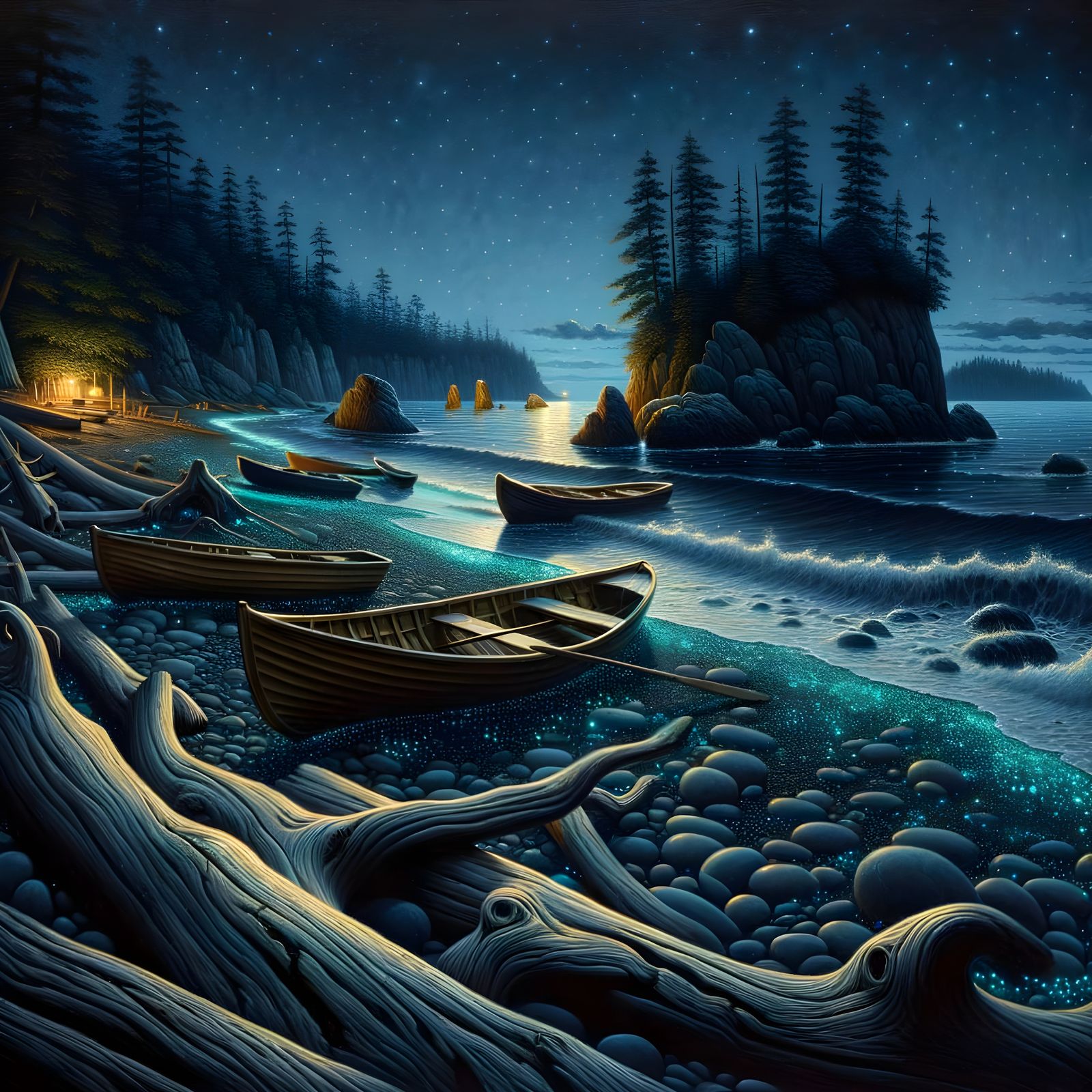 Night at Pacific Northwest Beach as Oil Painting