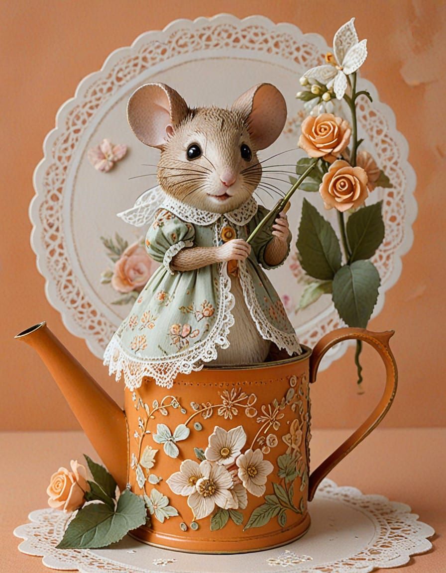 Whimsical Mouse in Vintage Floral Setting