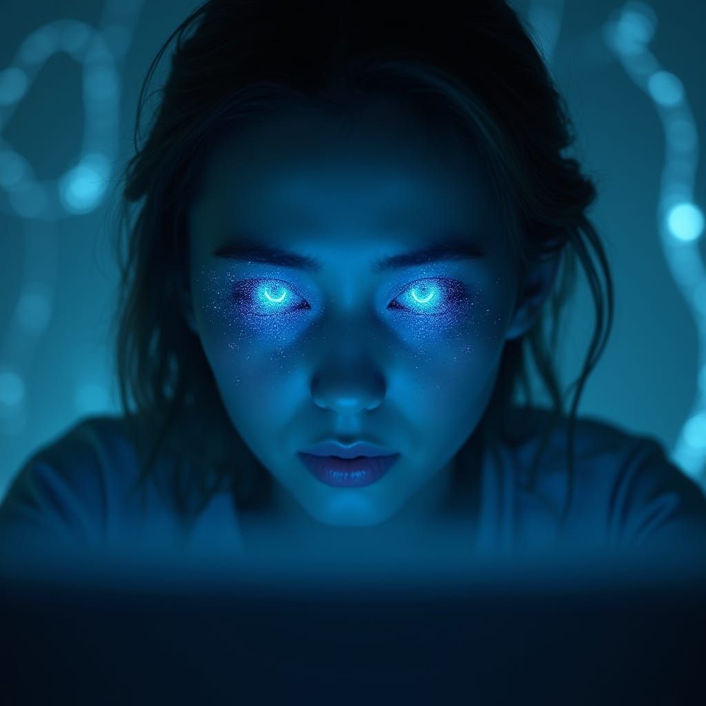 Digital Dreamscapes: Eyes Aglow in Neon Haze