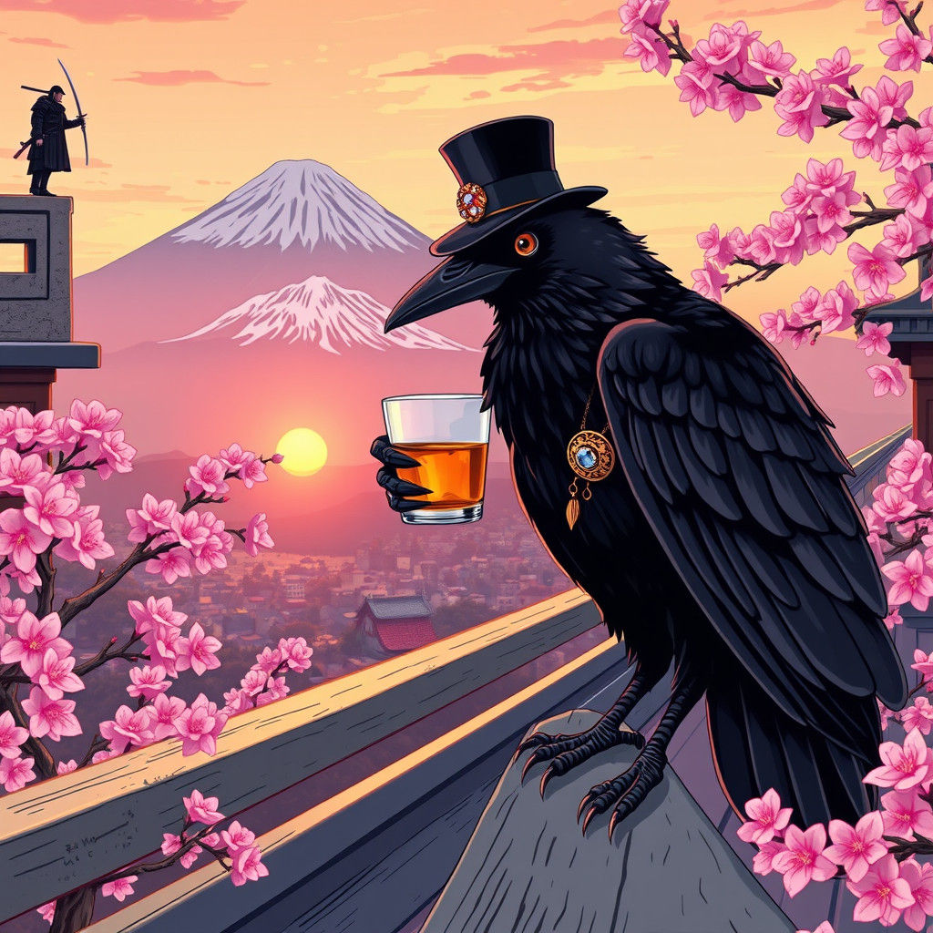 Crow Sipping Whiskey on Balcony in Anime Style
