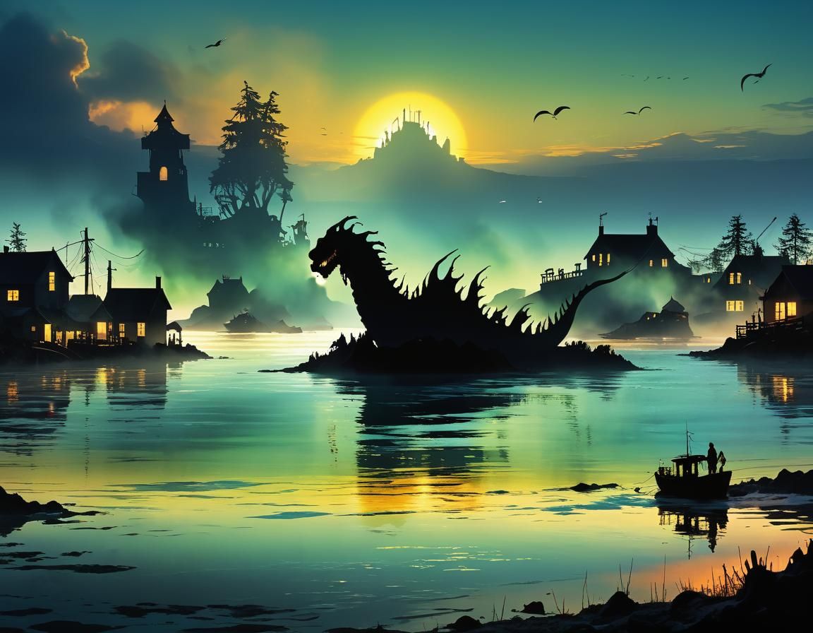 Sea Monster Silhouette Surfacing at Sunrise