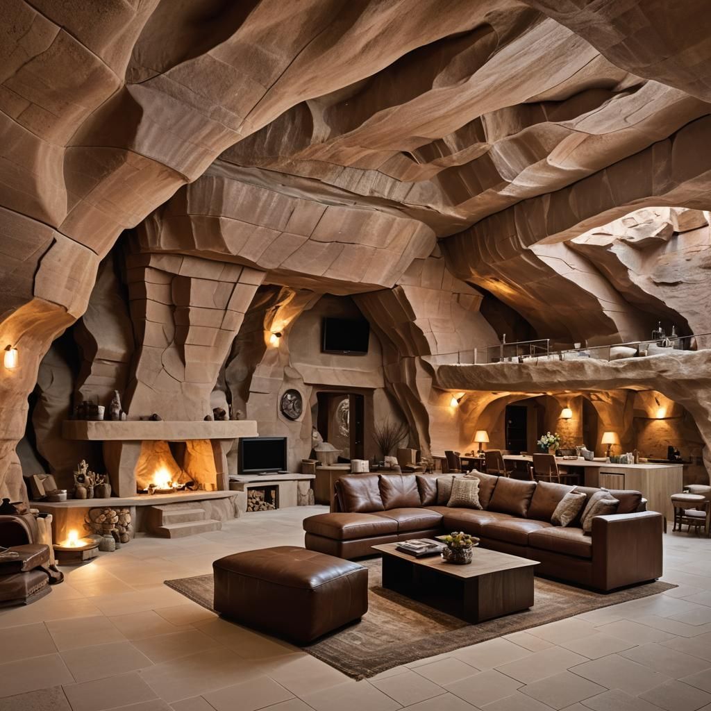 Cave Home Interior with Leather Furniture