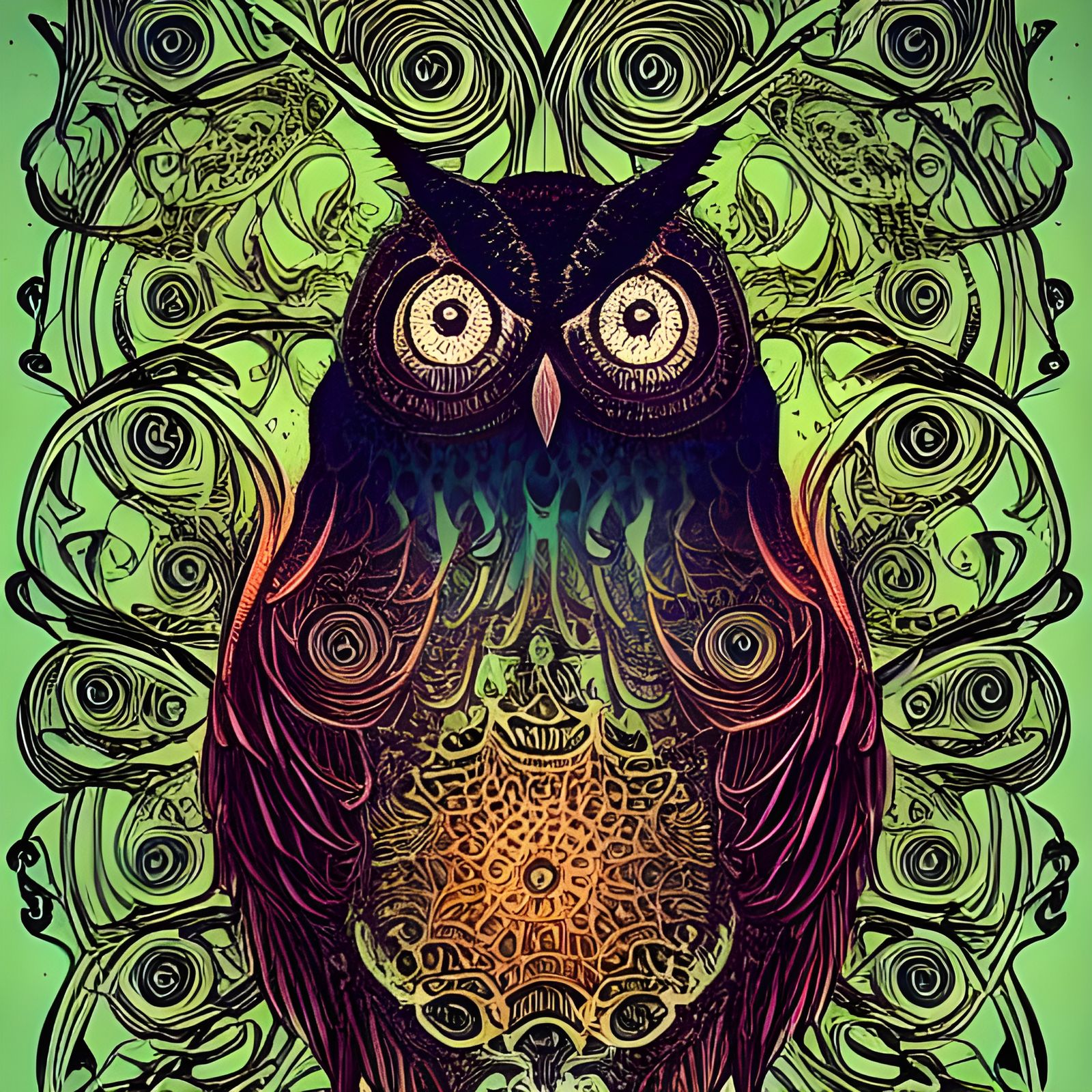 Cute Eldritch Owl with Magical Glow in Surreal Collage