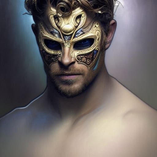 Alphonse mucha style, chris hemsworth day of dead mask, hyperdetailed, hyper realistic, dramatic.