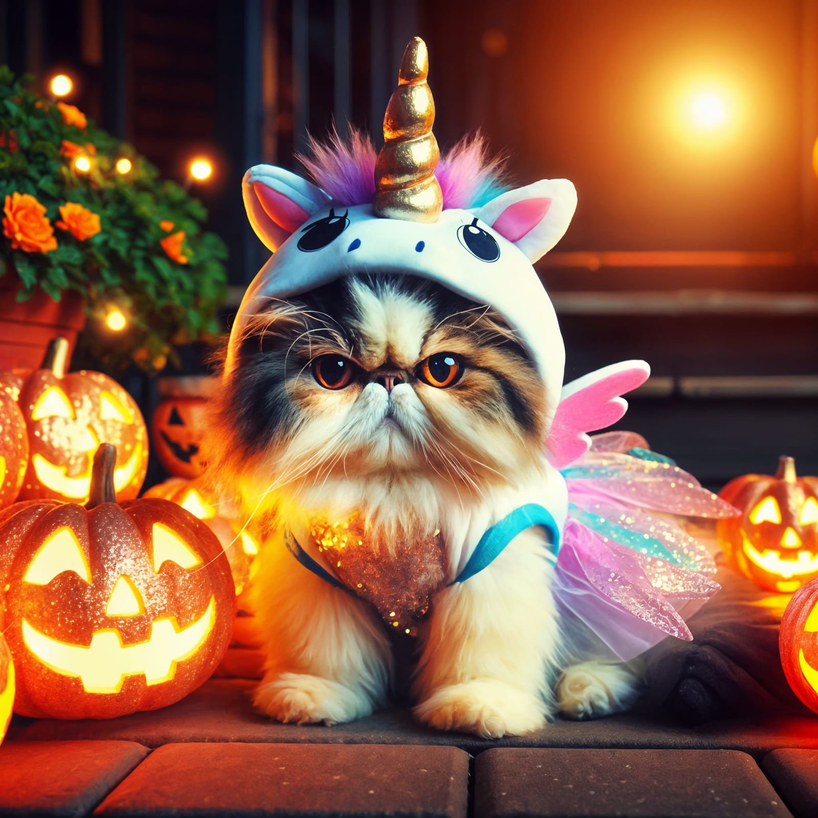 Angry Unicorn Cat on Halloween Porch