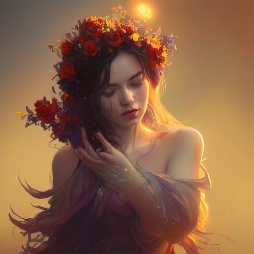 Detailed Flower Witch Portrait in Art Nouveau Style