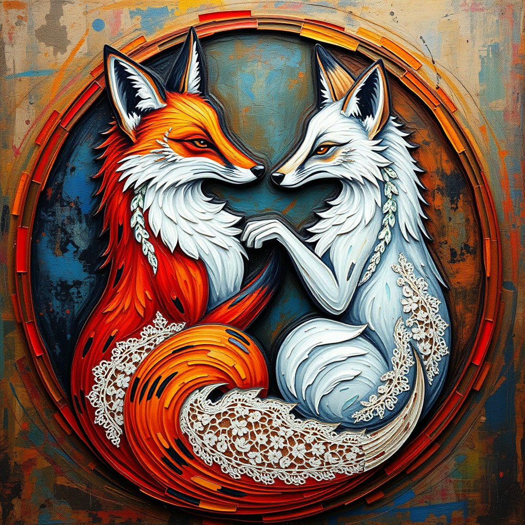 Red Fox and White Fox Entwined in Neo-Impressionist Oil Pain...