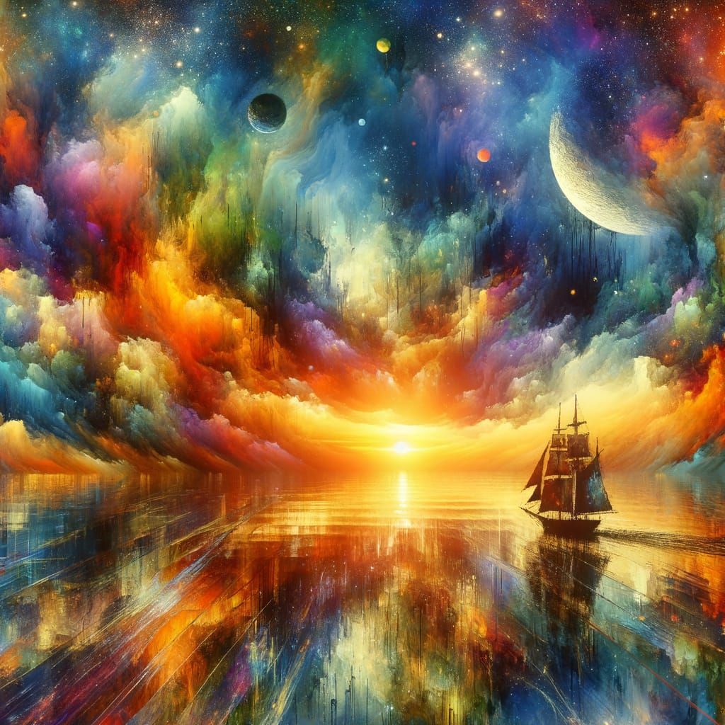 Sailboat at Sunset: Neo-Impressionistic Oil Painting