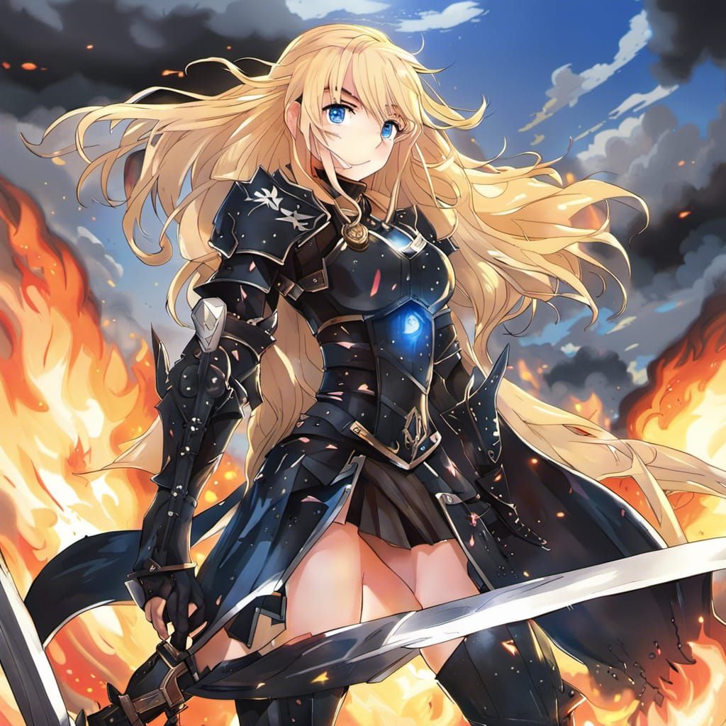 Young Knight in Burning Town: Anime Style Portrait
