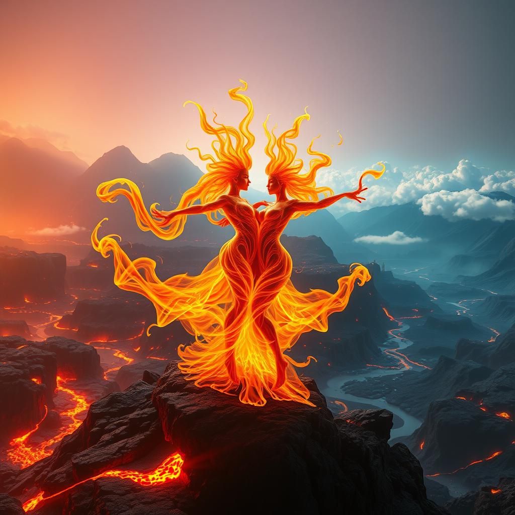 Fire Elementals Dance in a Volcanic Landscape