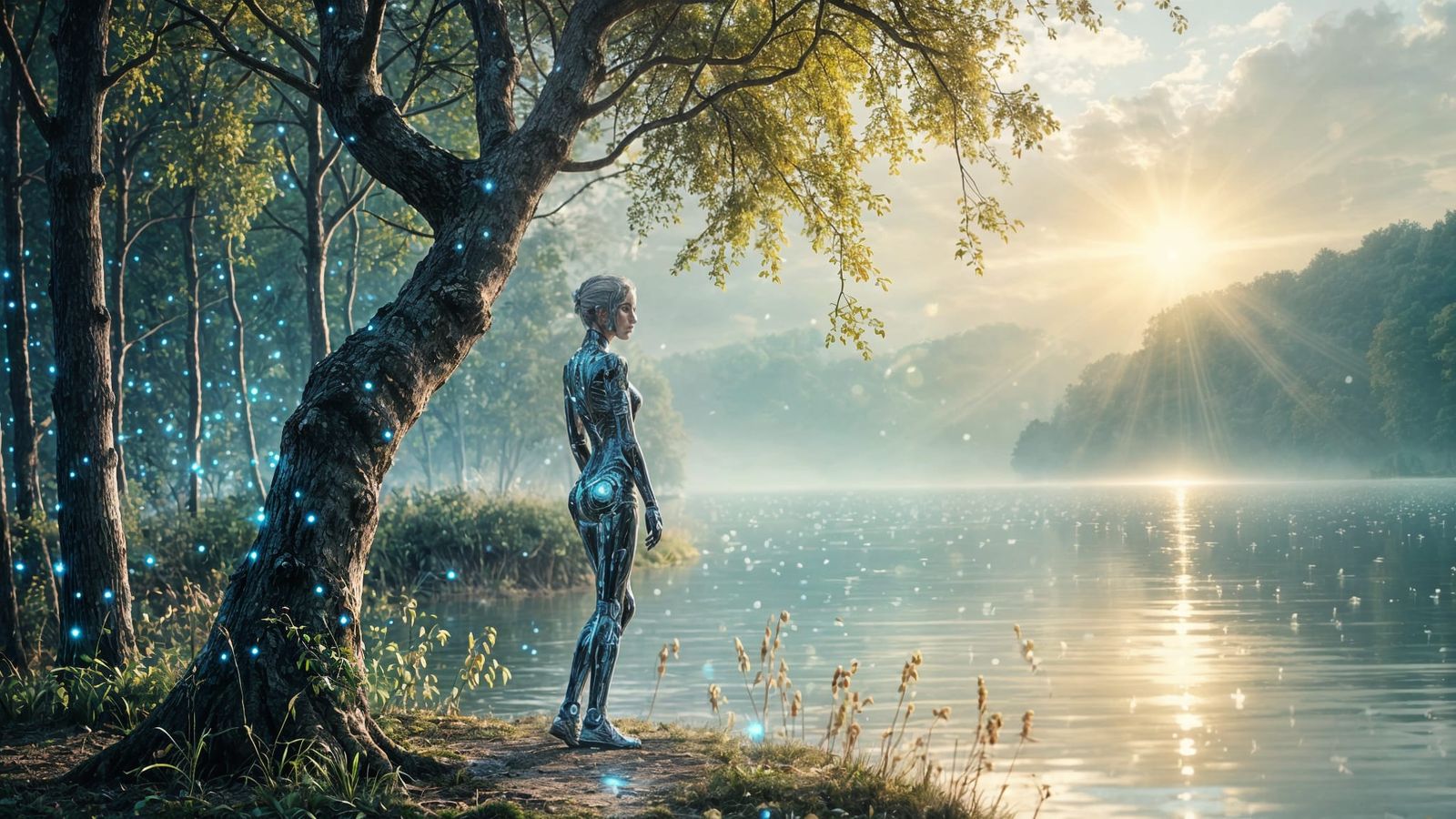 Cyborg Tree Women Stroll Along a Serene Lake