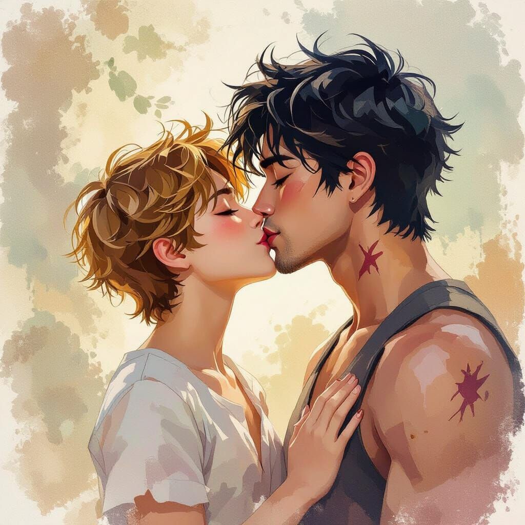 Romantic Kiss in Impressionist Gouache Style