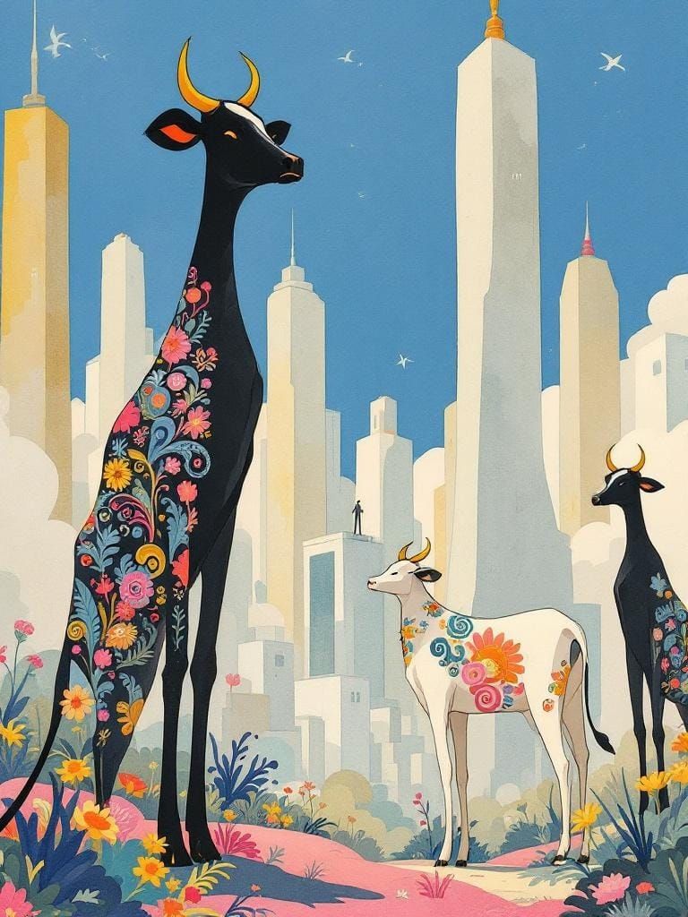 Paisley Cows in Watercolor Cityscape, Atmospheric Art