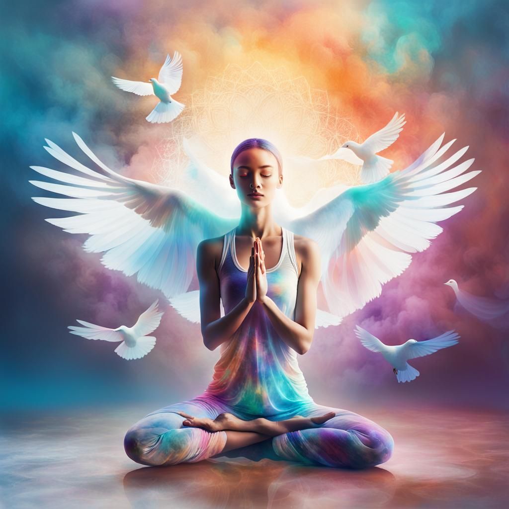 Cosmic Yoga Dove in Dreamlike Double Exposure