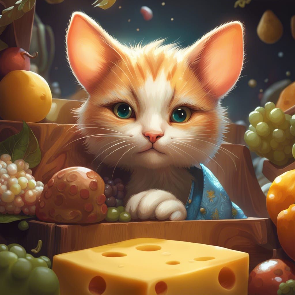 Cute Kitten and Mouse in Cheese Box