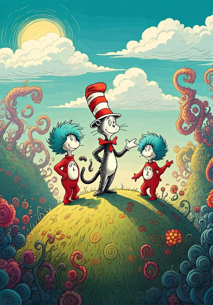 Cat in the Hat's Whimsical World: A Seussian Scene