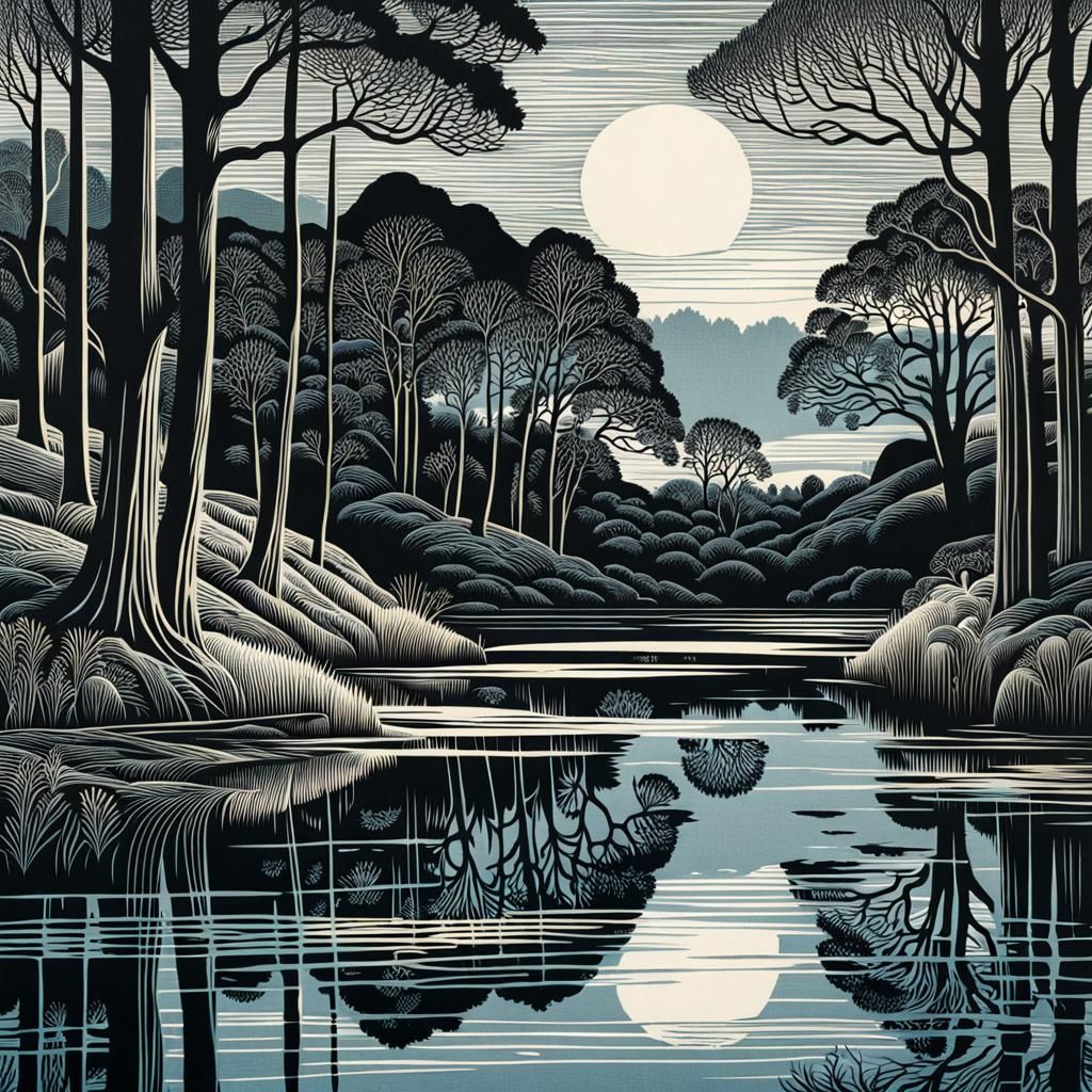 Landscape Reflected in Lake: Wood Engraving Art
