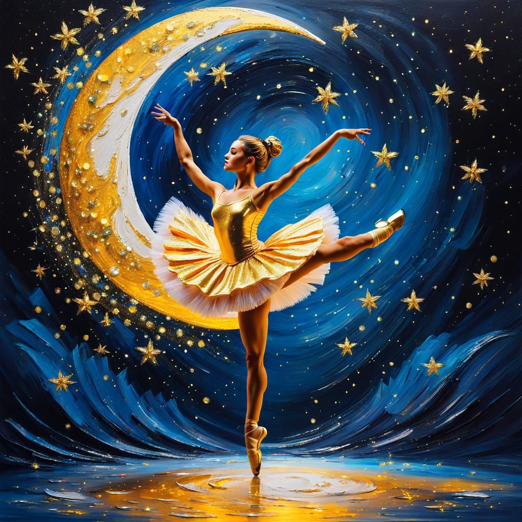 Ballerina Dancing on the Moon as Impasto Painting