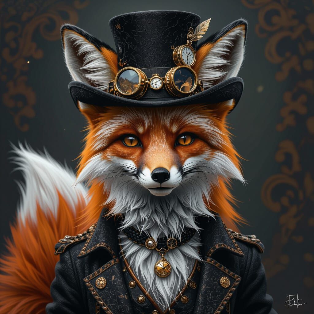 Steampunk Fox in Tophat: Detailed Matte Painting