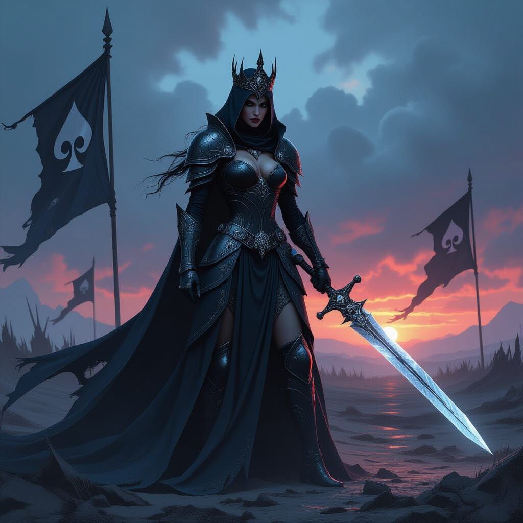 Queen of Spades in Obsidian Armor on Windswept Battlefield
