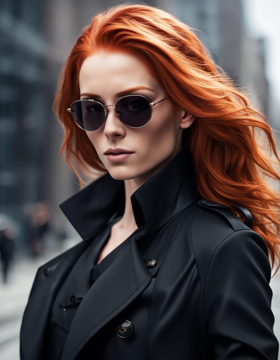 Red-Haired Female Spy in Black Trench Coat