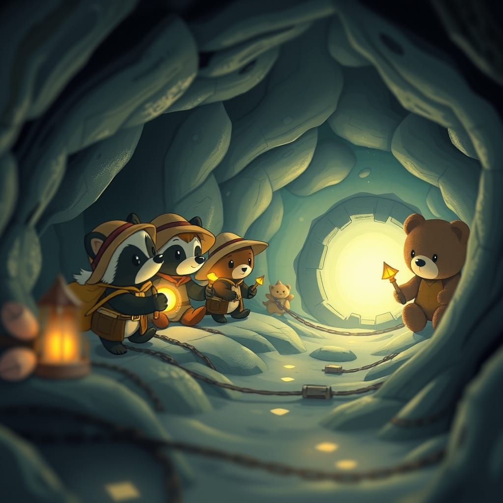Animal Explorers in Glowing Cavern, Ghibli Style