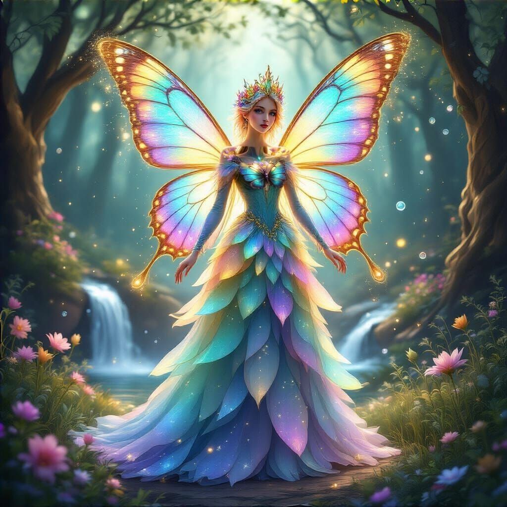 Radiant Fairy Queen with Iridescent Wings in Enchanted Fores...