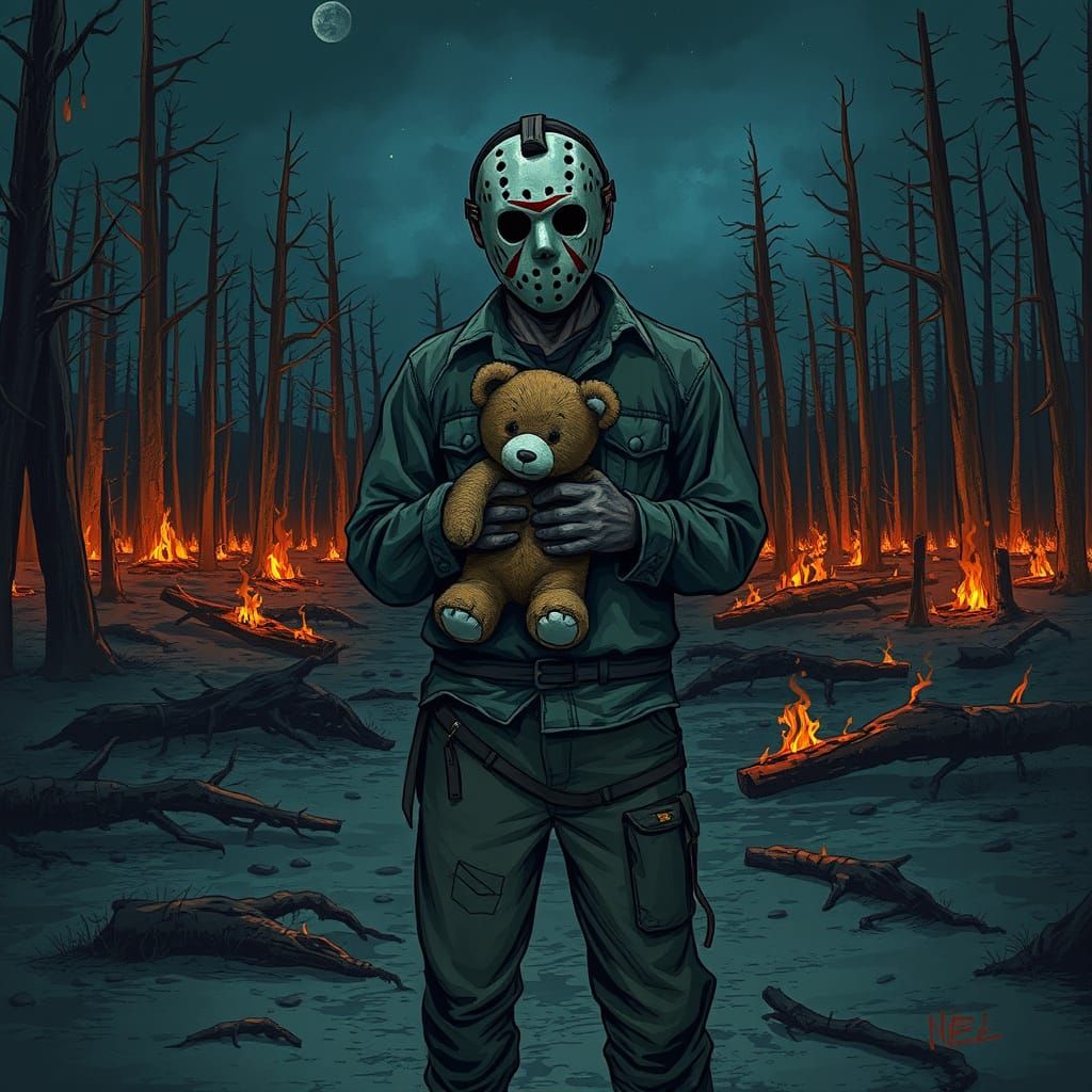 Jason Voorhees in Burning Forest, Digital Art