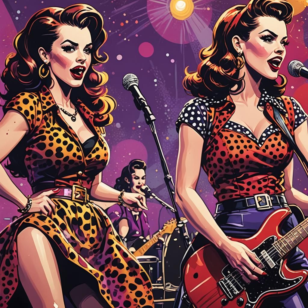 All-Female Rockabilly Band in Retro Comic Style