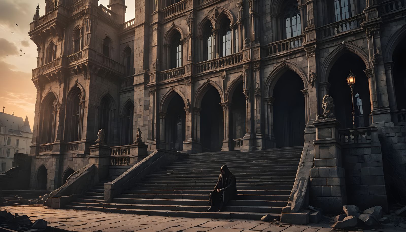 Eerie Palace Scene with Spiked Figure and Shadowy Woman