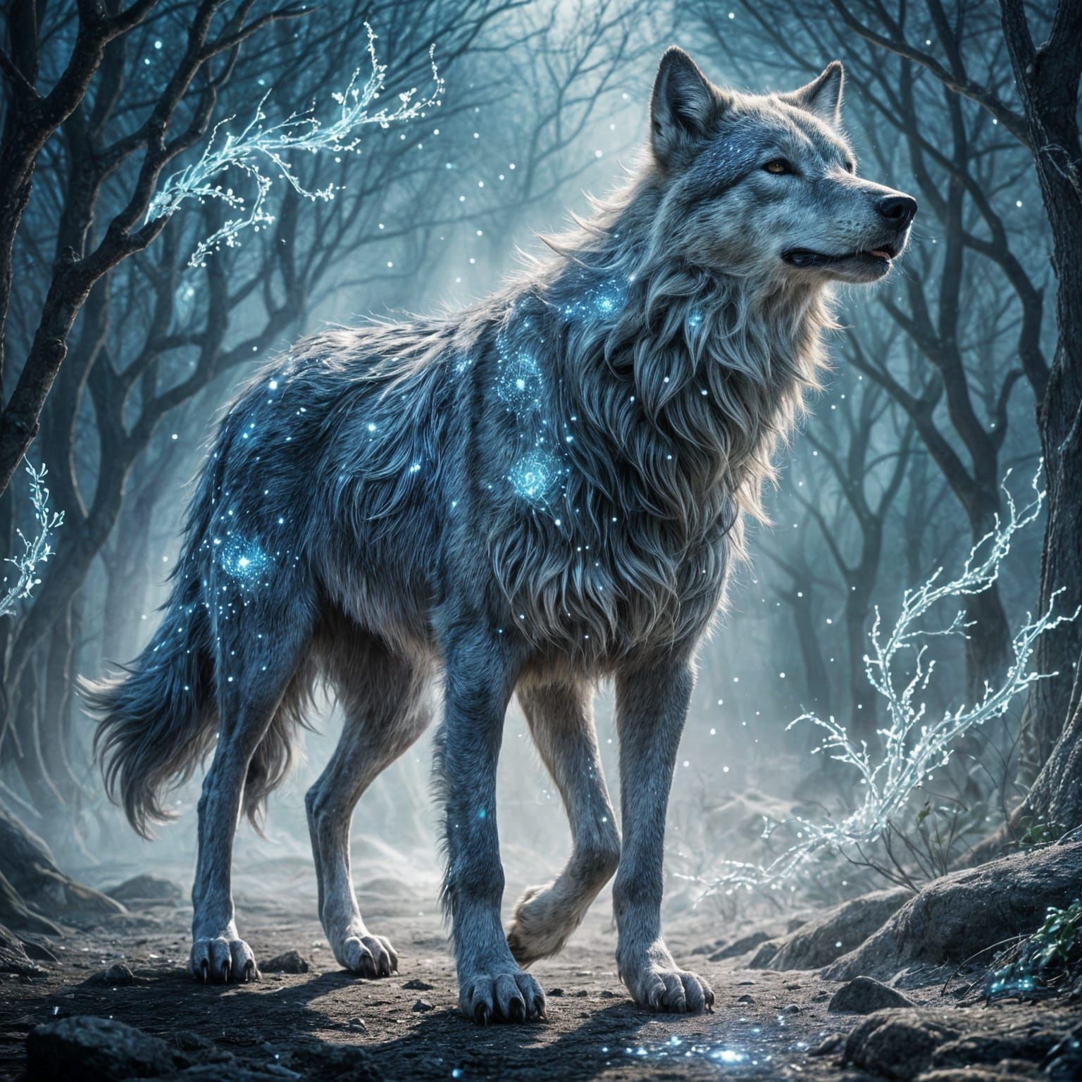 Radiant Glowing Wolf in Ethereal Astral Scene