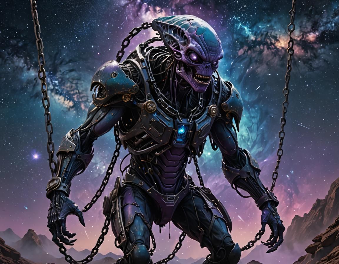 Menacing Alien Bound in Chains, Dark Fantasy Art
