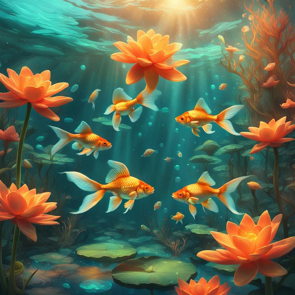 Magical Goldfish in Underwater Garden: Fantasy Art