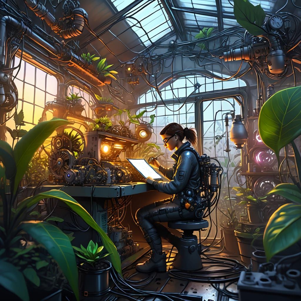 Cyberpunk Botanist Studies Glowing Plant: Pencil Sketch