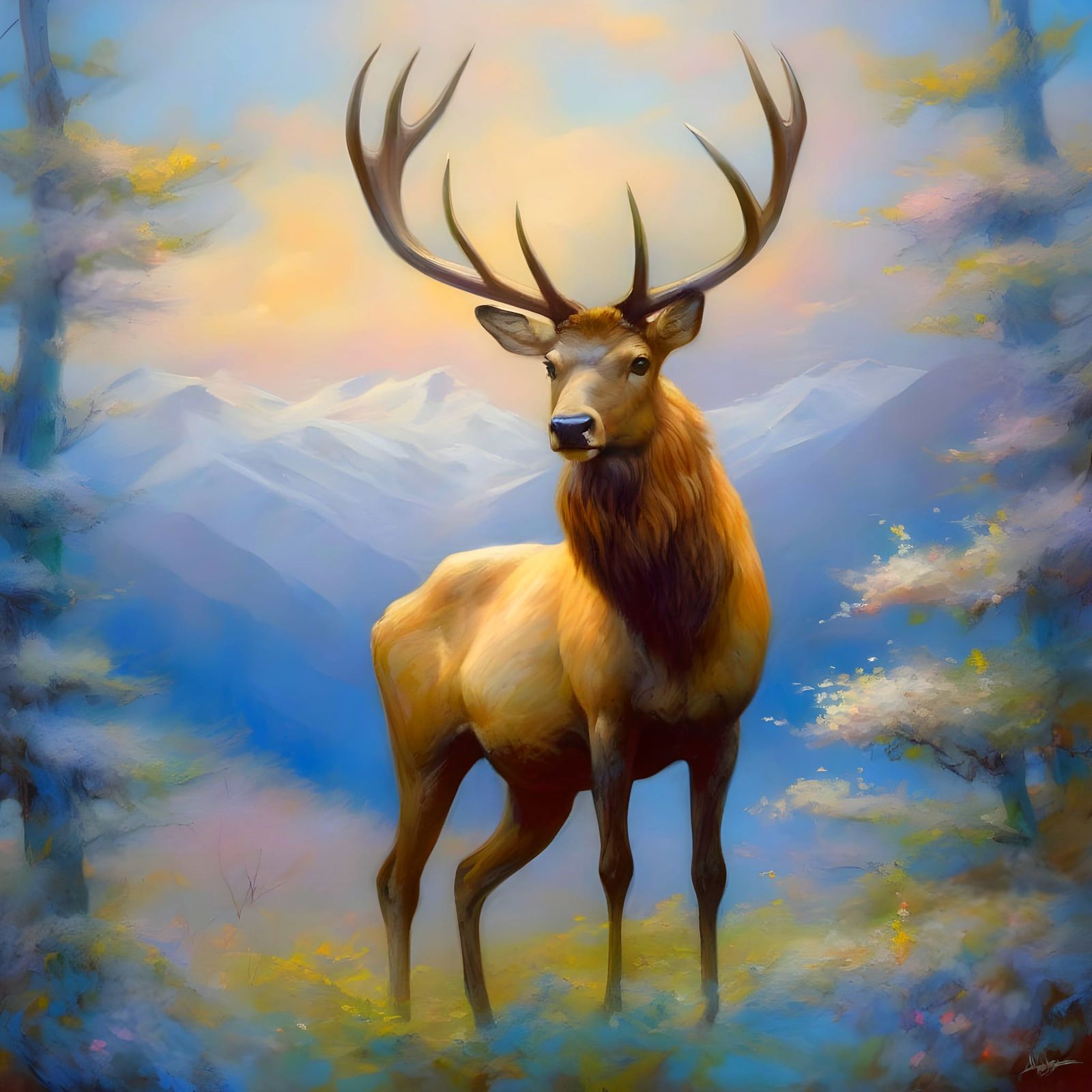 Majestic Elk Amidst Vibrant Blue Dogwood Trees in Cosmic Lan...