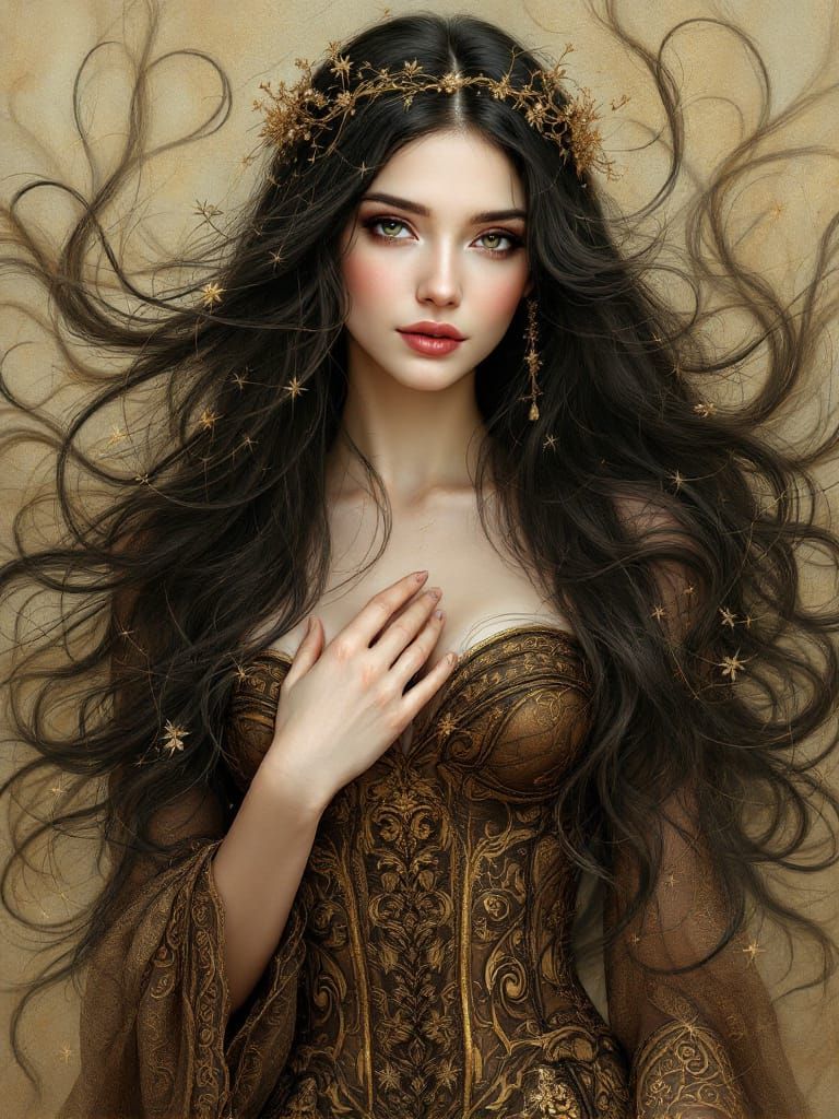 Graceful Woman with Golden Crown and Flowing Hair