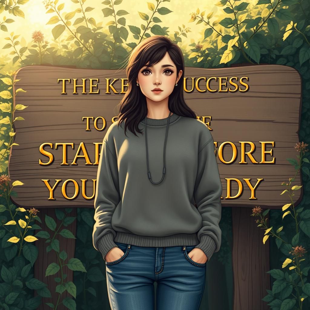 Woman Contemplates Inspirational Sign in Storybook Illustrat...