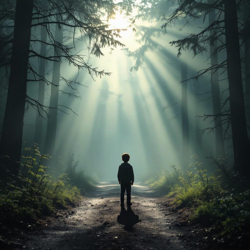 Boy on Foggy Forest Path in Cinematic Light