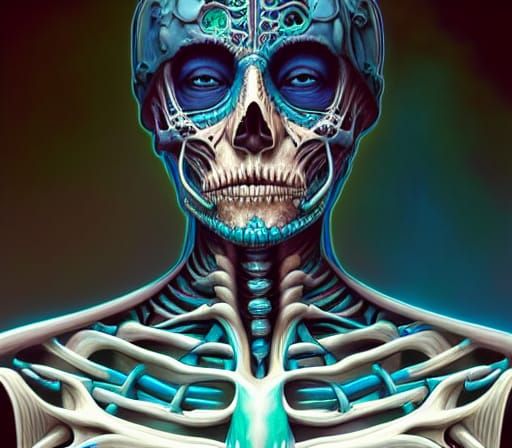 Aetherpunk Skeletal Necromancer Portrait in Teal Armor
