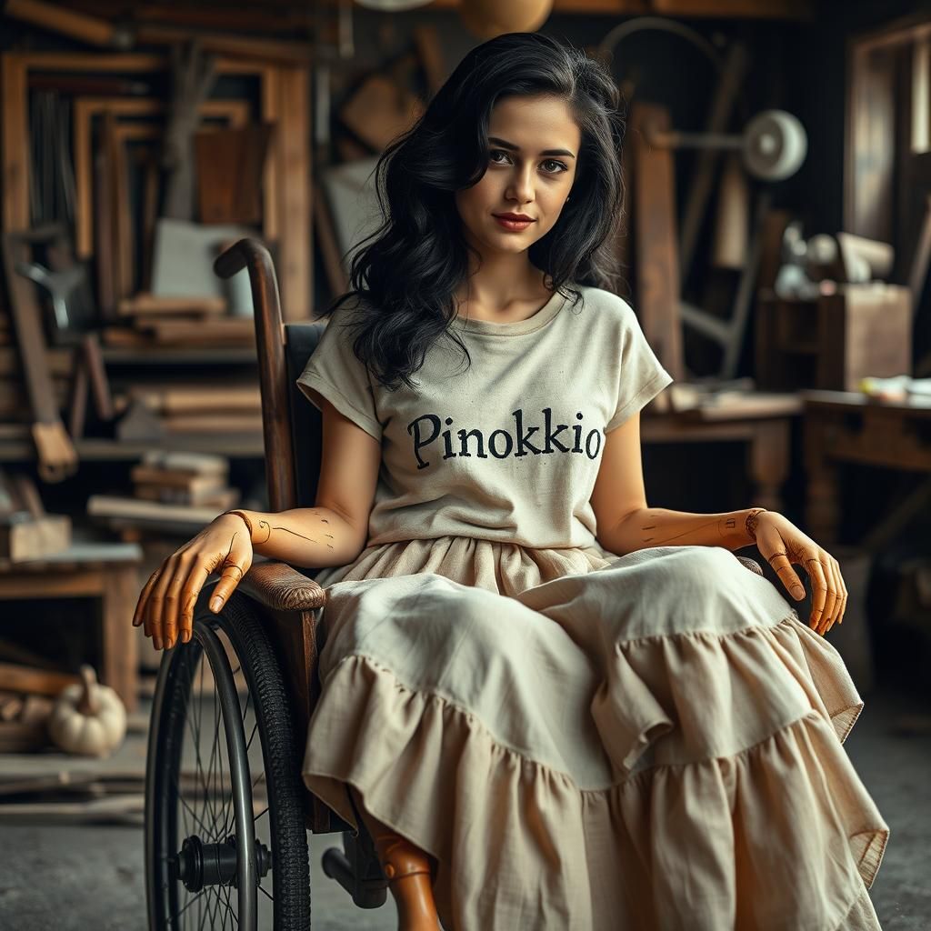 Wooden Limbed Woman in Rustic Workshop