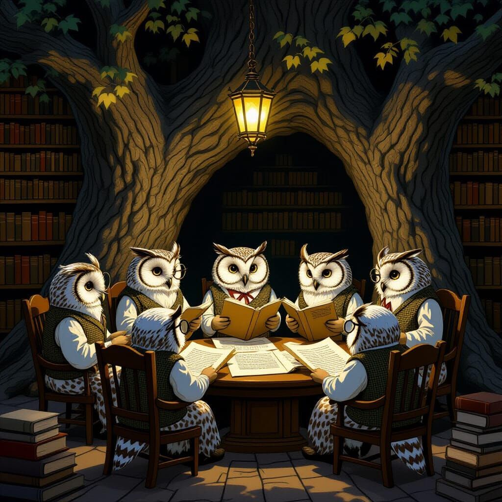 Owls in Tweed Debate in Ancient Oak Library