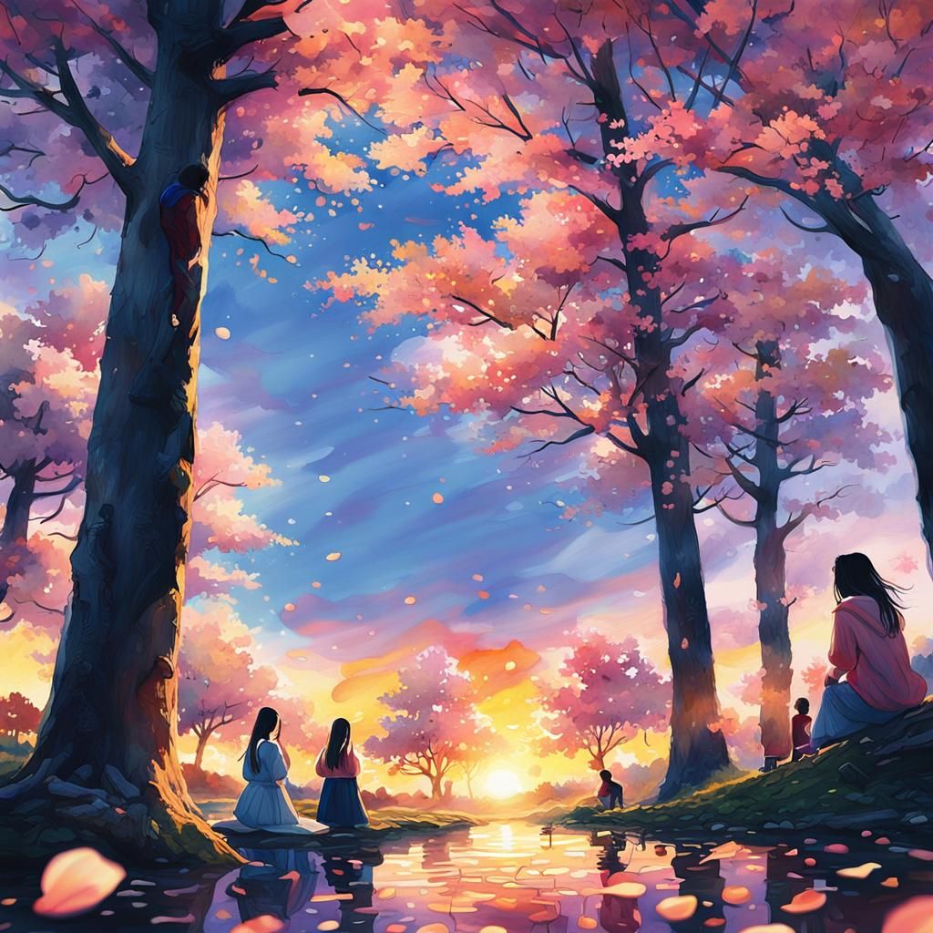 Children in Park at Sunset in Anime Style