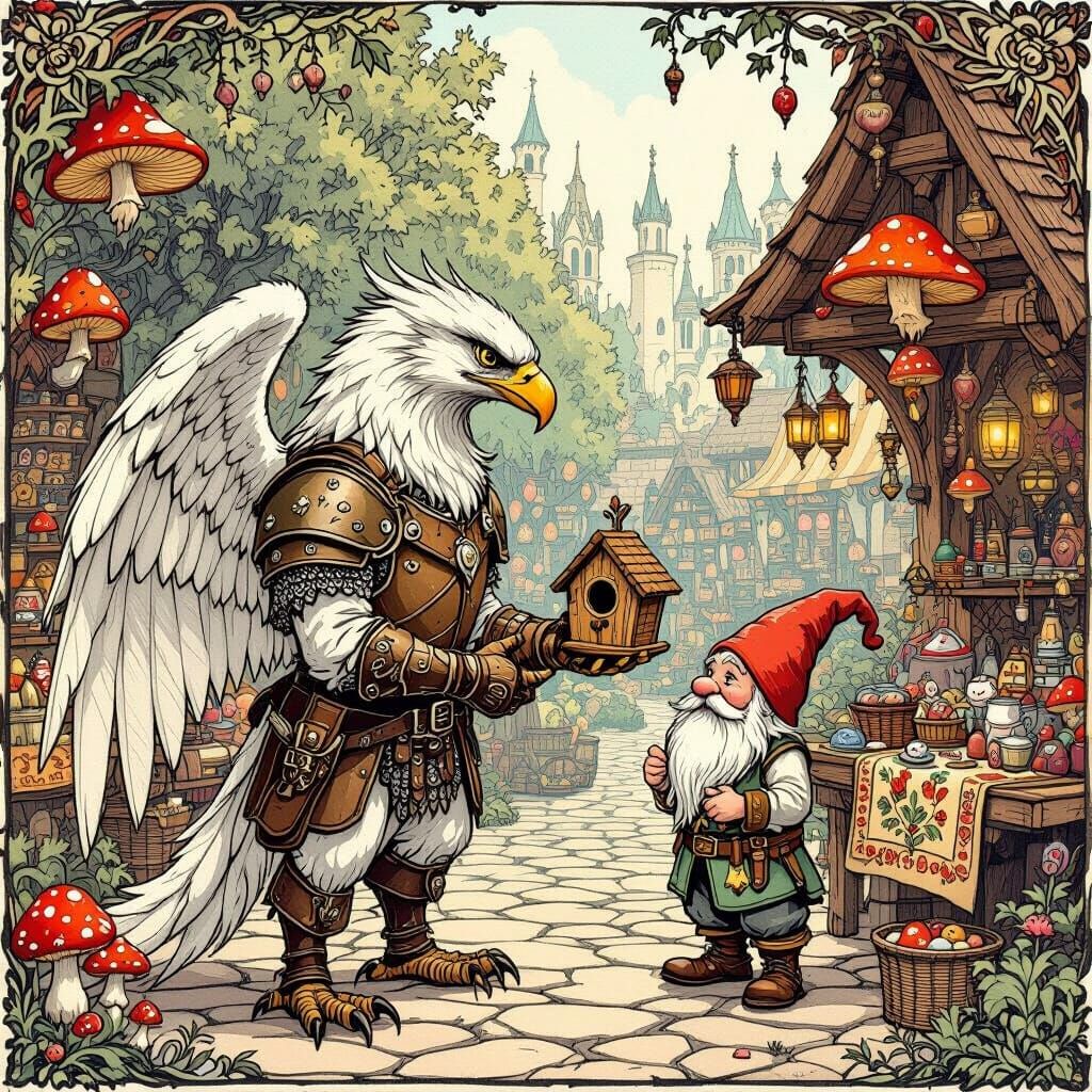 Griffin Haggling in Whimsical Marketplace: Woodcut Style