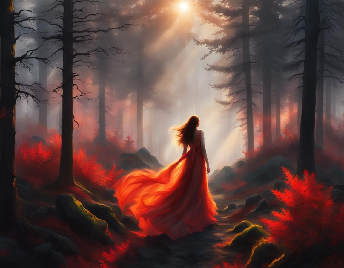 Woman in Glowing Dress Walking into Sunset