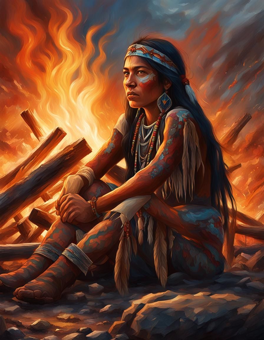 Young Indigenous Woman by Campfire in Oil Painting Style