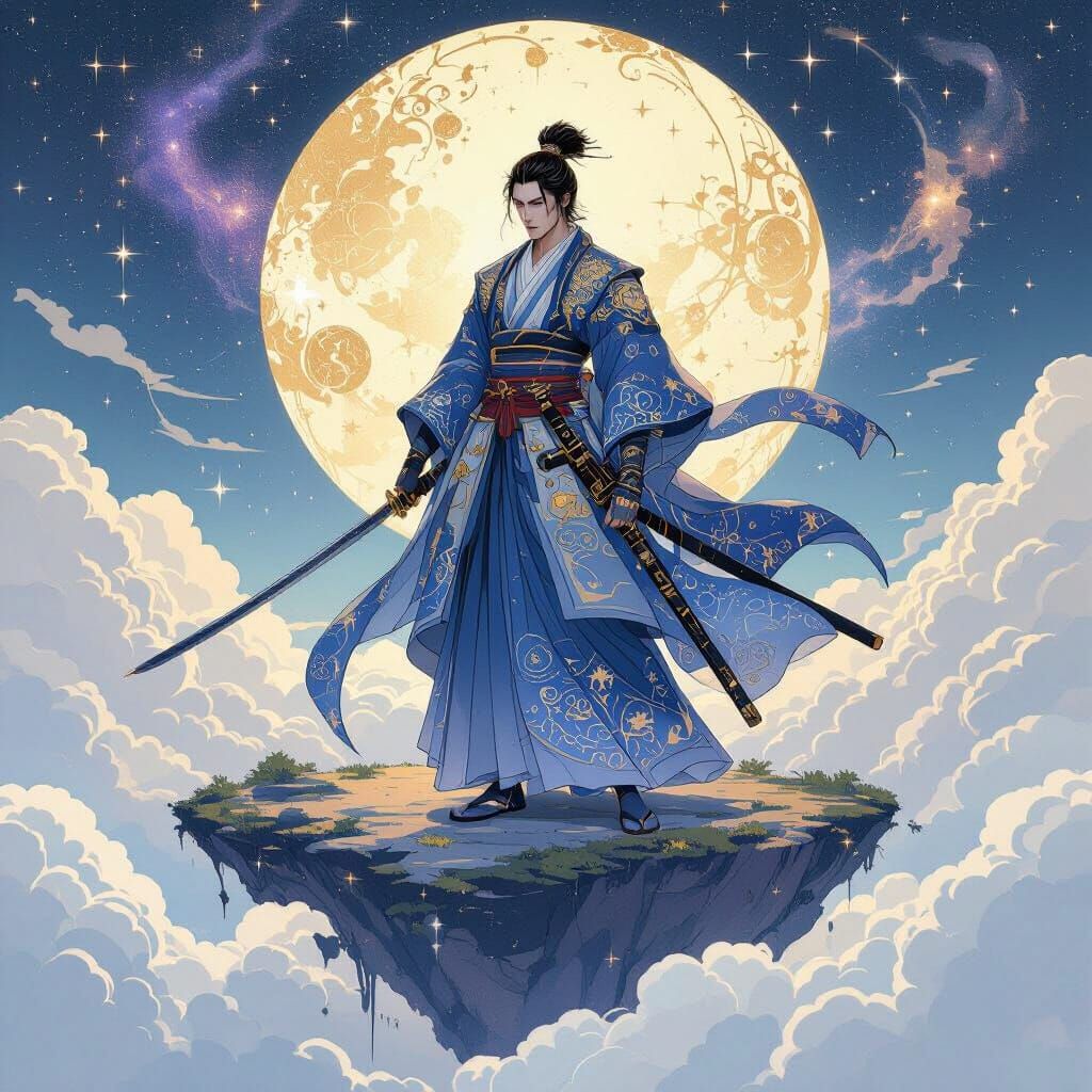 Celestial Samurai Guardian of Floating Island in Art Nouveau...