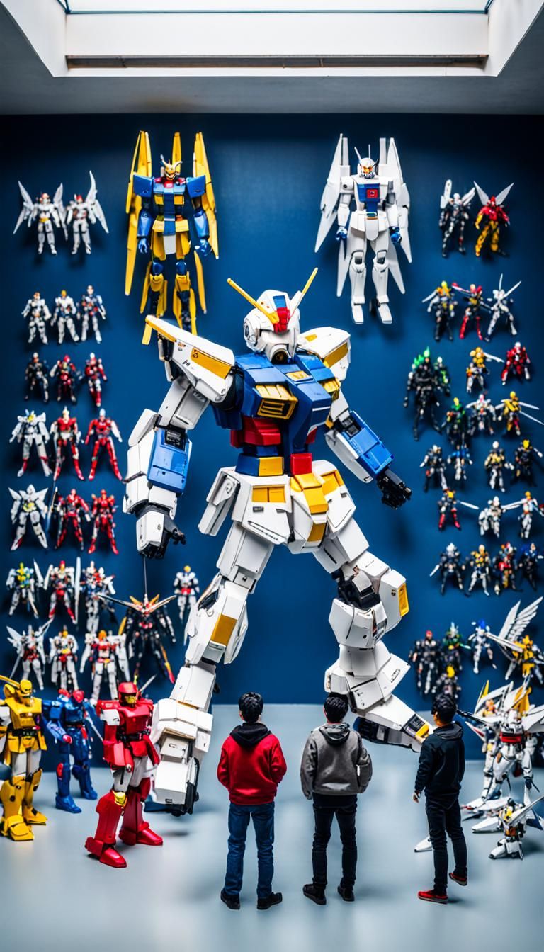 Man Overlooking Gundam Action Figures
