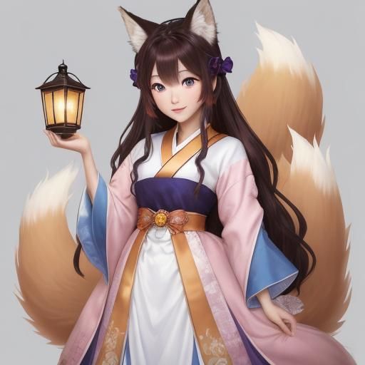Anime Kitsune Umi with Lantern in Pastel Colors